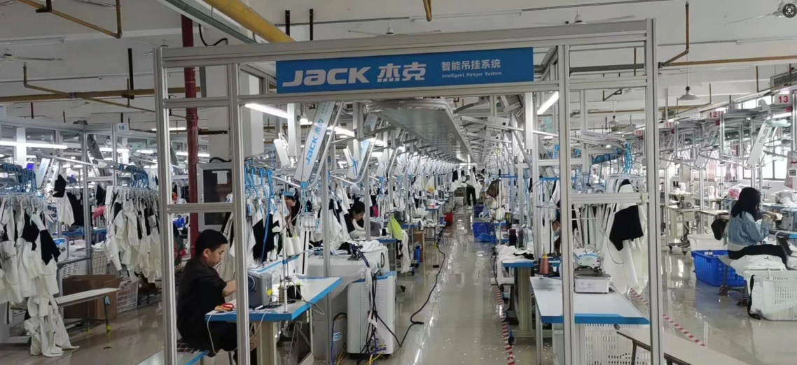 Clothing production workstations and industrial sewing operations in a garment workshop