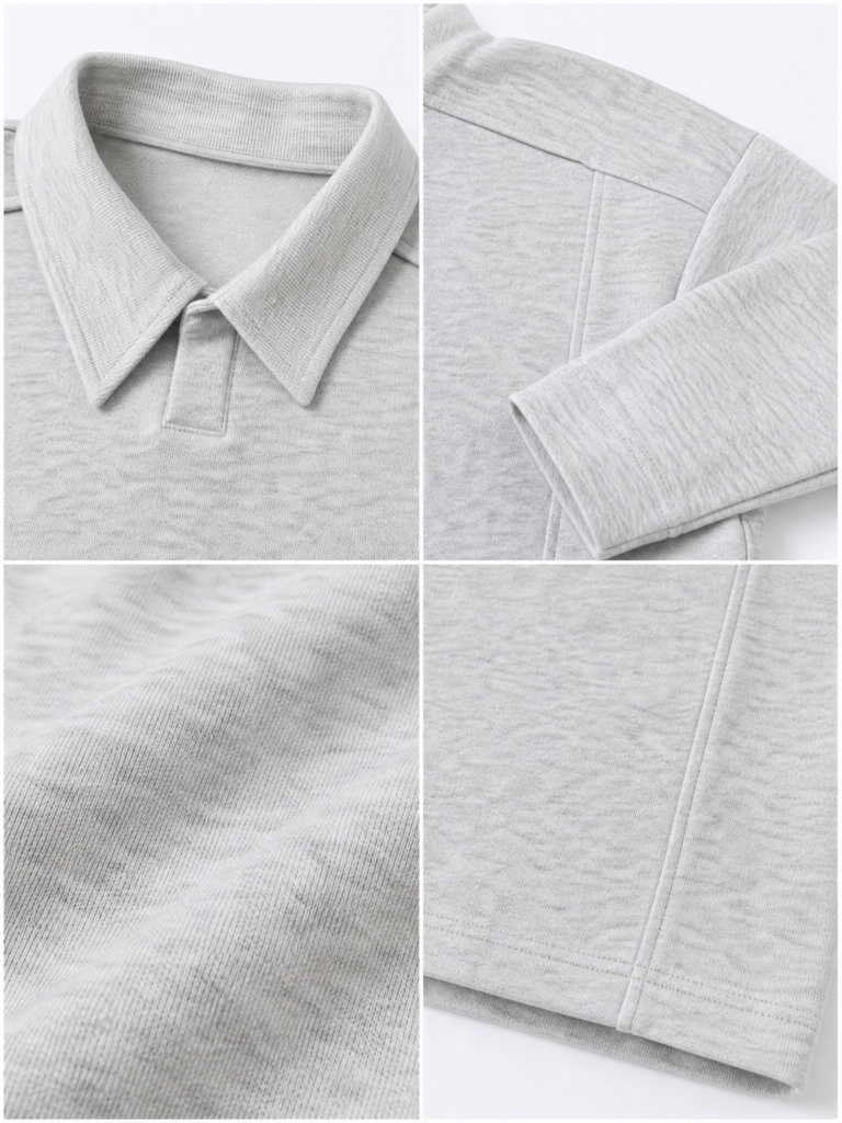 Polo collar, placket and seam details for an apparel quality control checklist