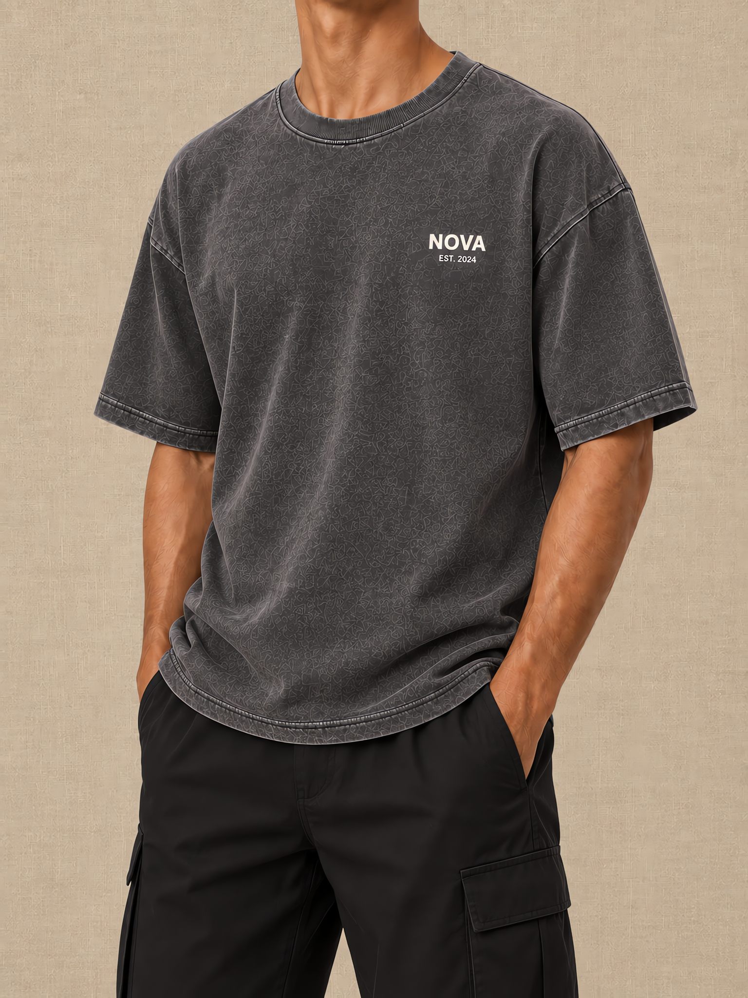 Charcoal 260gsm Oversized Boxy Tee with Puff Print at the Chest, worn by a male model, front view