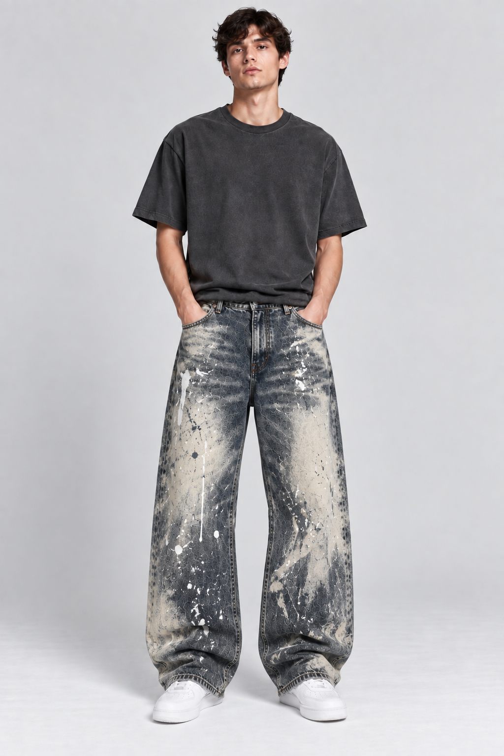 Acid-Splash Bleach Denim Jeans with high-contrast wash, front view