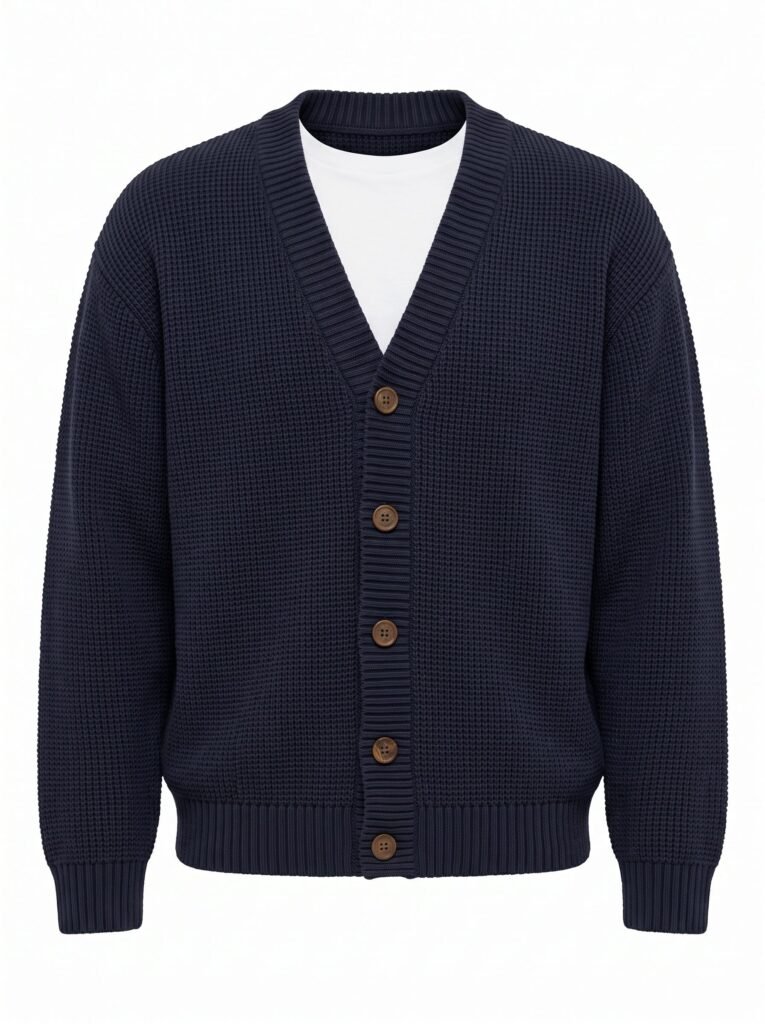 NOVITA Cardigan with Horn-Style Buttons - Ribbed Placket - front