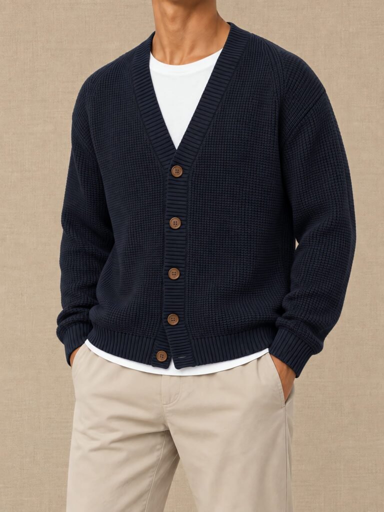 NOVITA Cardigan with Horn-Style Buttons - Ribbed Placket - lifestyle
