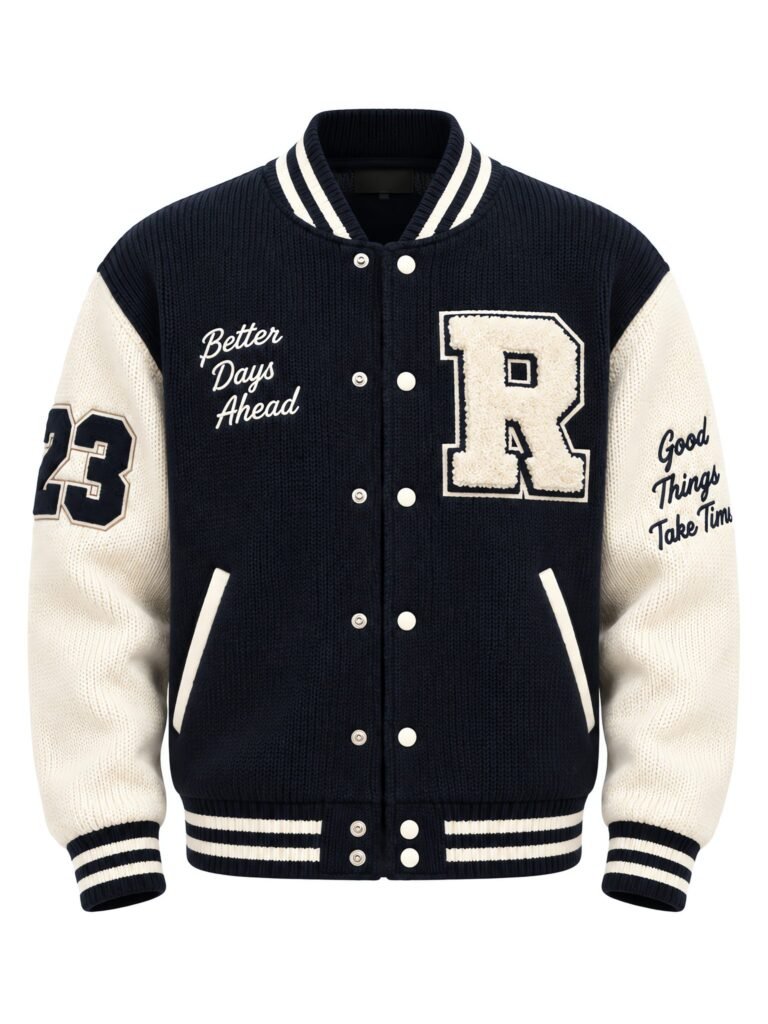 NOVITA Chenille Varsity Jacket Knit - Fuzzy Chenille Letters - front
