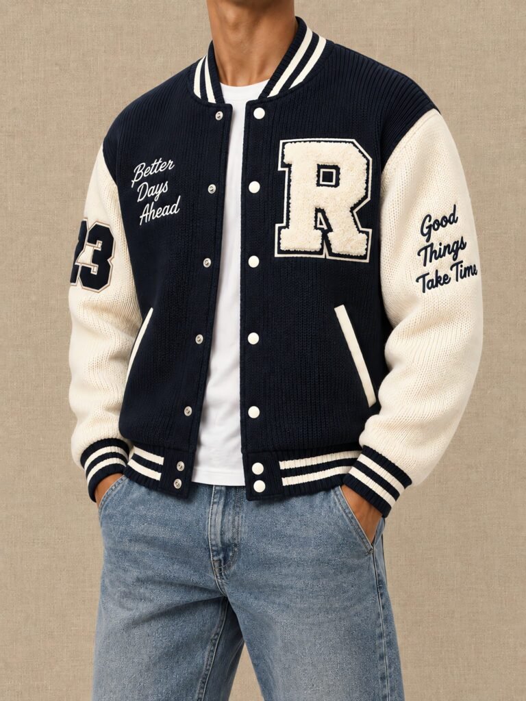 NOVITA Chenille Varsity Jacket Knit - Fuzzy Chenille Letters - lifestyle