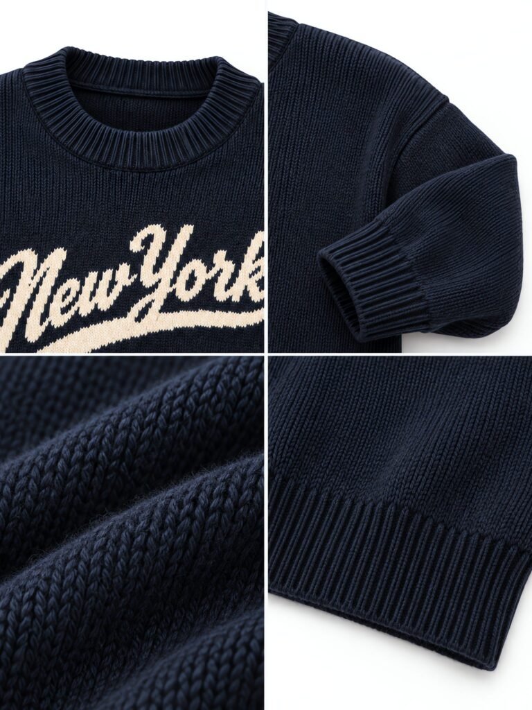 NOVITA Crewneck Sweater - 7GG Cotton Blend, Intarsia Chest Motif - detail-grid
