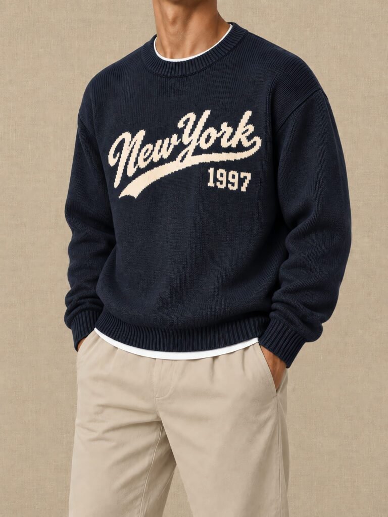 NOVITA Crewneck Sweater - 7GG Cotton Blend, Intarsia Chest Motif - lifestyle
