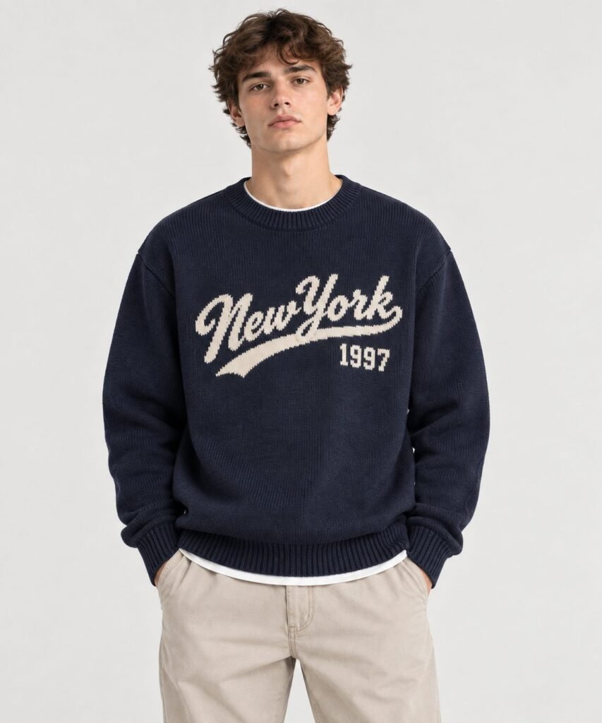 NOVITA Crewneck Sweater - 7GG Cotton Blend, Intarsia Chest Motif - view-2359