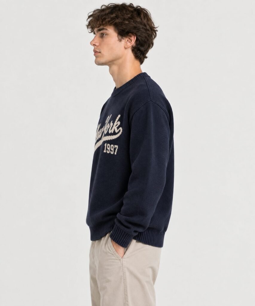 NOVITA Crewneck Sweater - 7GG Cotton Blend, Intarsia Chest Motif - view-52947