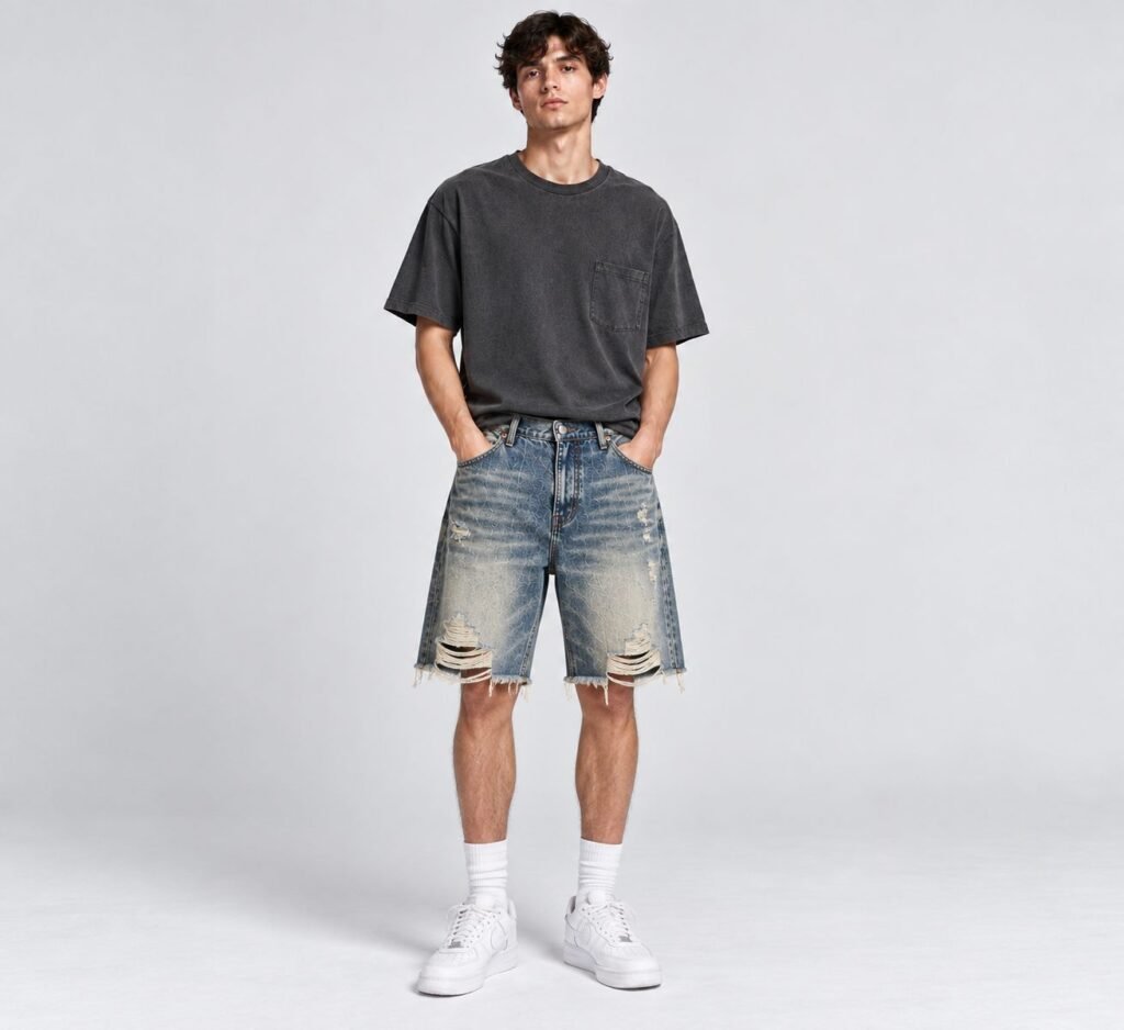 NOVITA Denim Shorts - Distressed Cuff, Vintage Wash - view-3