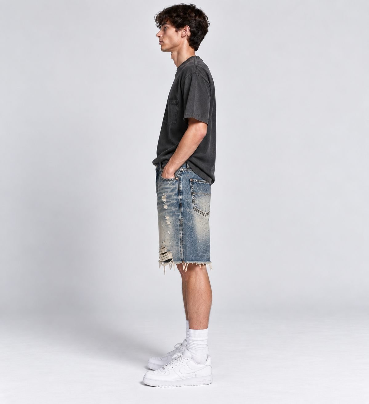 Distressed Cuffed Denim Shorts — Vintage Wash OEM — View 3