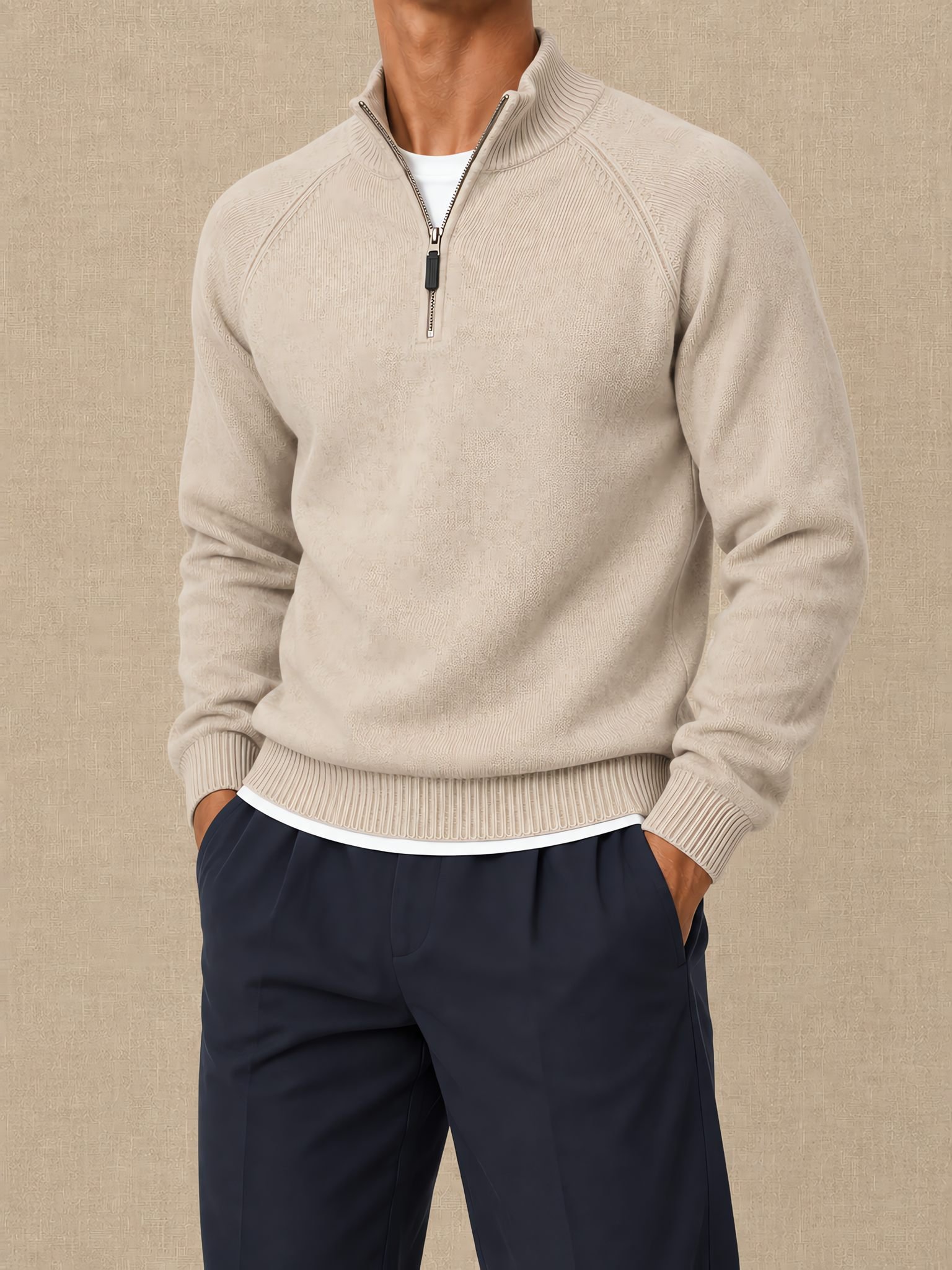 Half-Zip Mock Neck Sweater — Raglan Sleeve & Ribbed Cuffs — Lifestyle