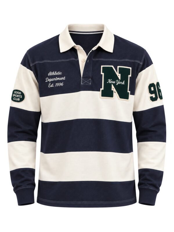 NOVITA Long-Sleeve Rugby Polo - Chenille & Chain-Stitch Letters - front