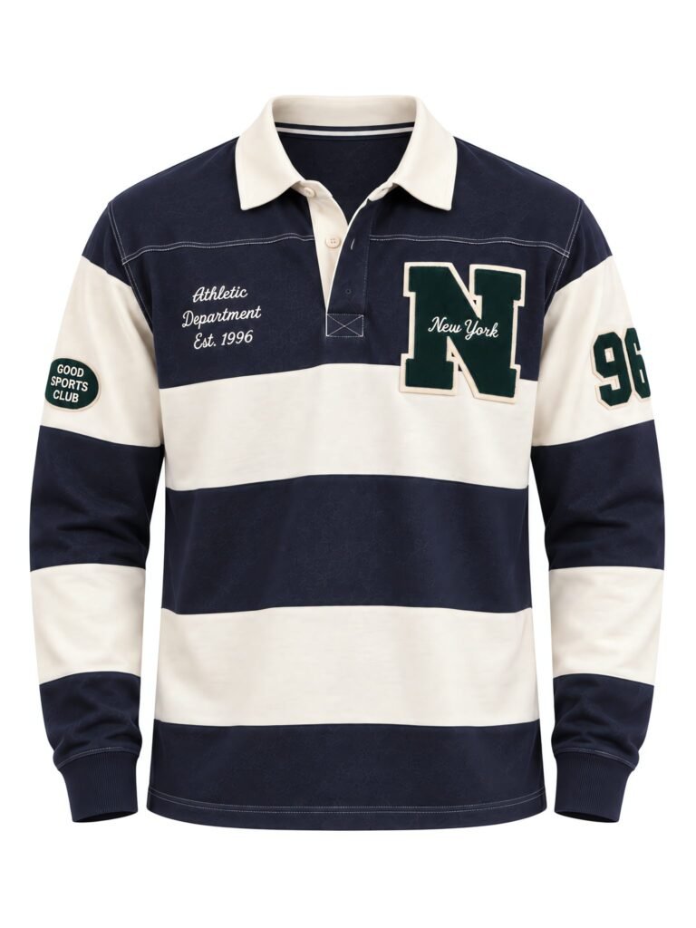 NOVITA Long-Sleeve Rugby Polo - Chenille & Chain-Stitch Letters - front