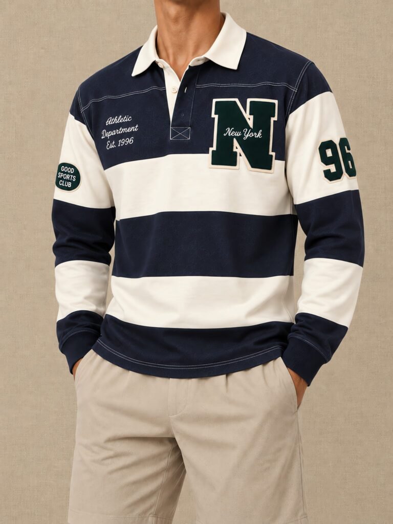 NOVITA Long-Sleeve Rugby Polo - Chenille & Chain-Stitch Letters - lifestyle
