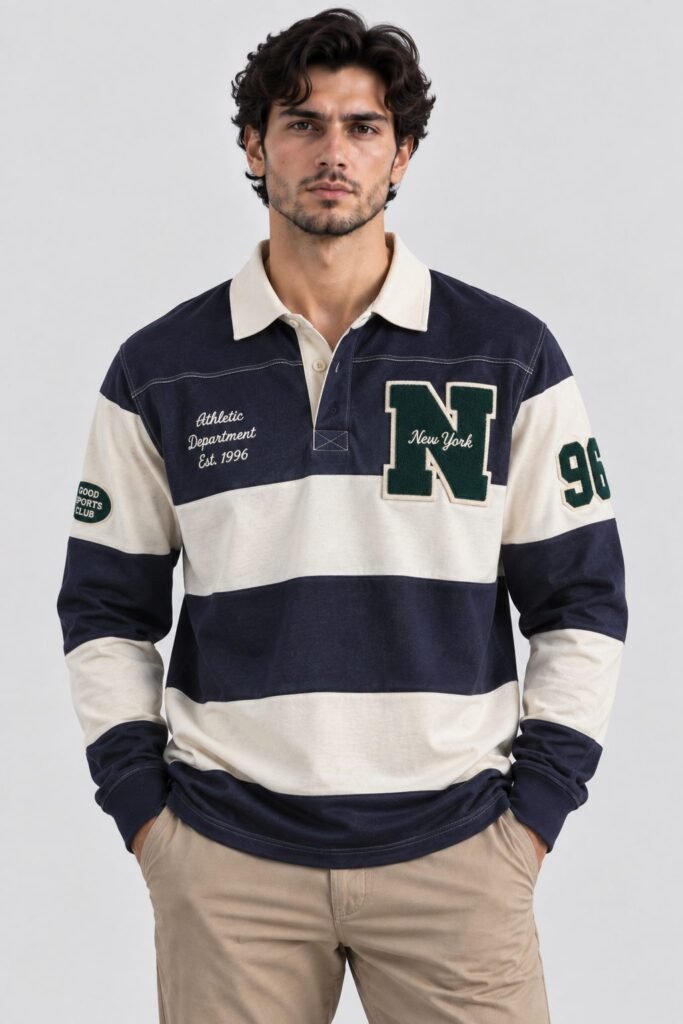 NOVITA Long-Sleeve Rugby Polo - Chenille & Chain-Stitch Letters - view-7