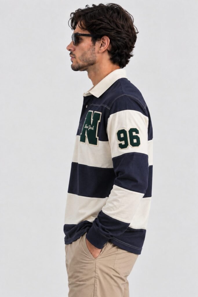 NOVITA Long-Sleeve Rugby Polo - Chenille & Chain-Stitch Letters - view-963