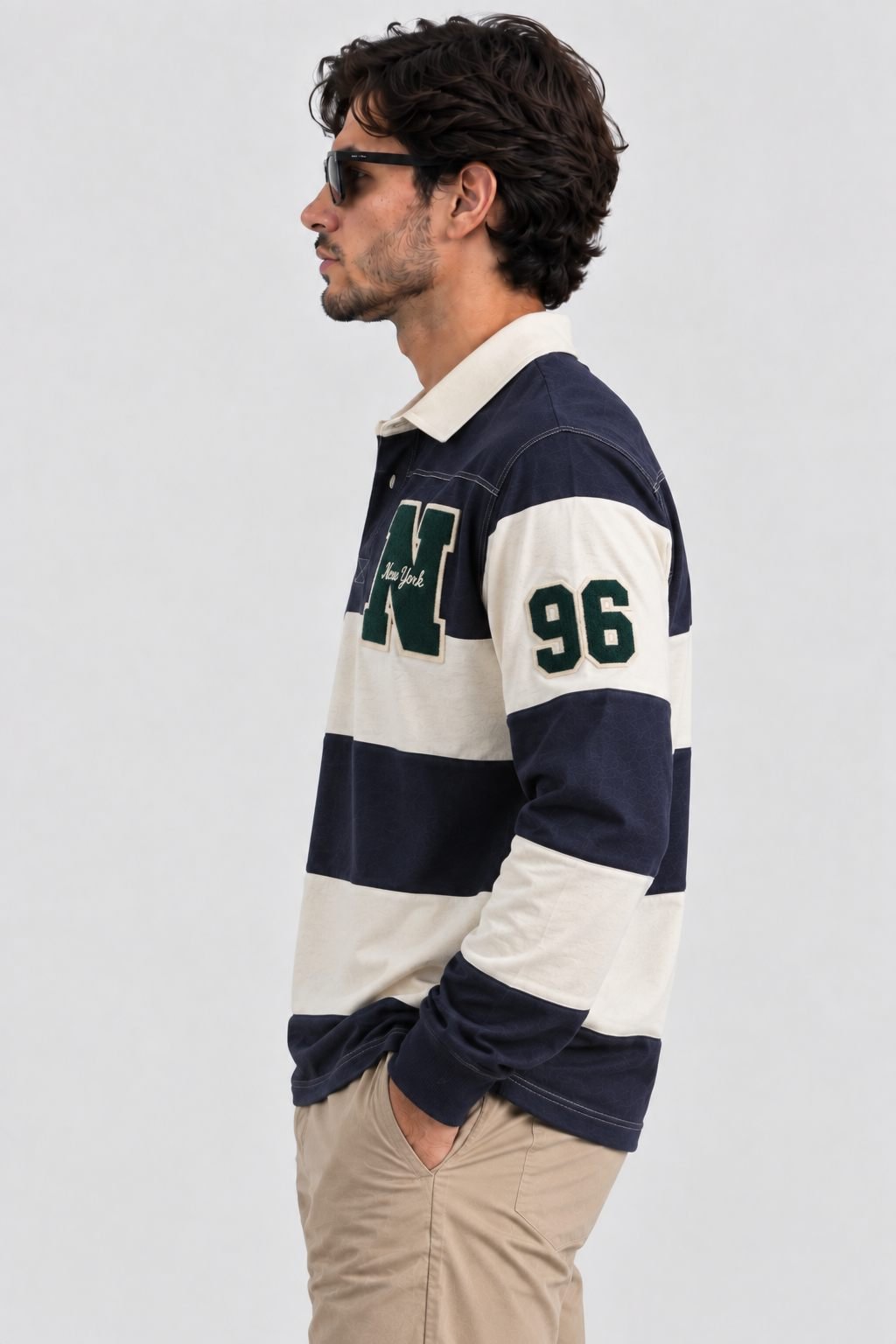 Rugby Long-Sleeve Polo — Chenille & Chain-Stitch Letters — View 5