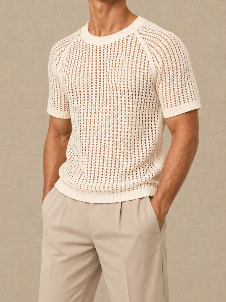 NOVITA Open-Weave Summer Knit Tee - See-Through Texture - lifestyle