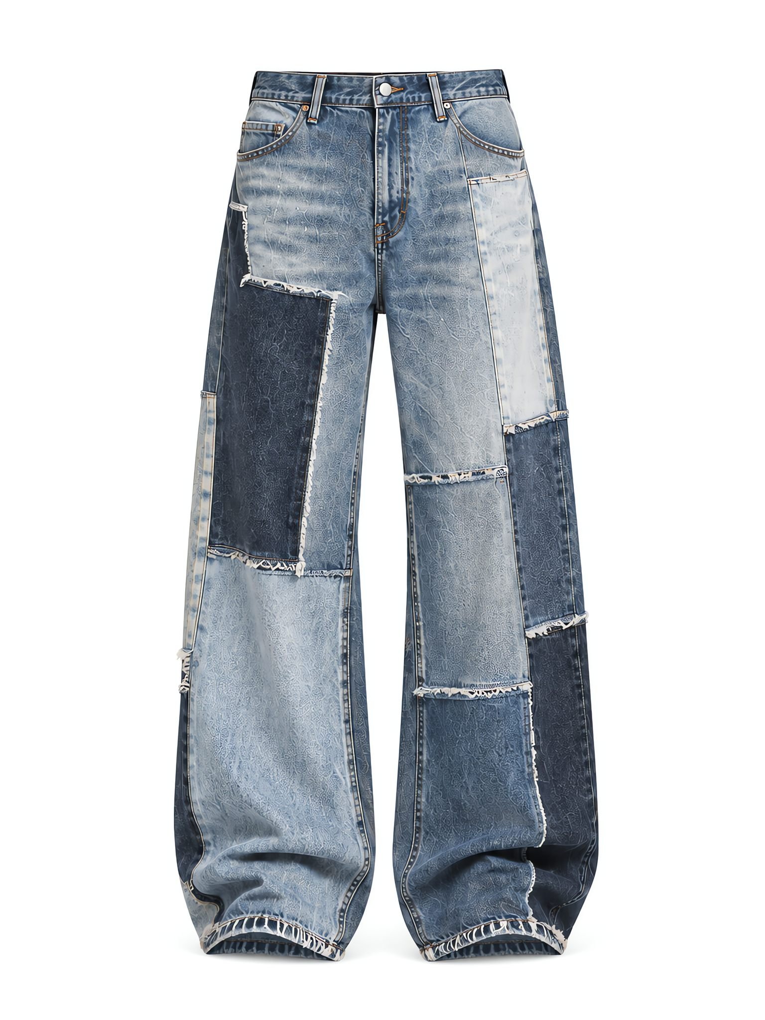 Patchwork Denim with Contrast Panels & Raw Hem — Custom — View 1