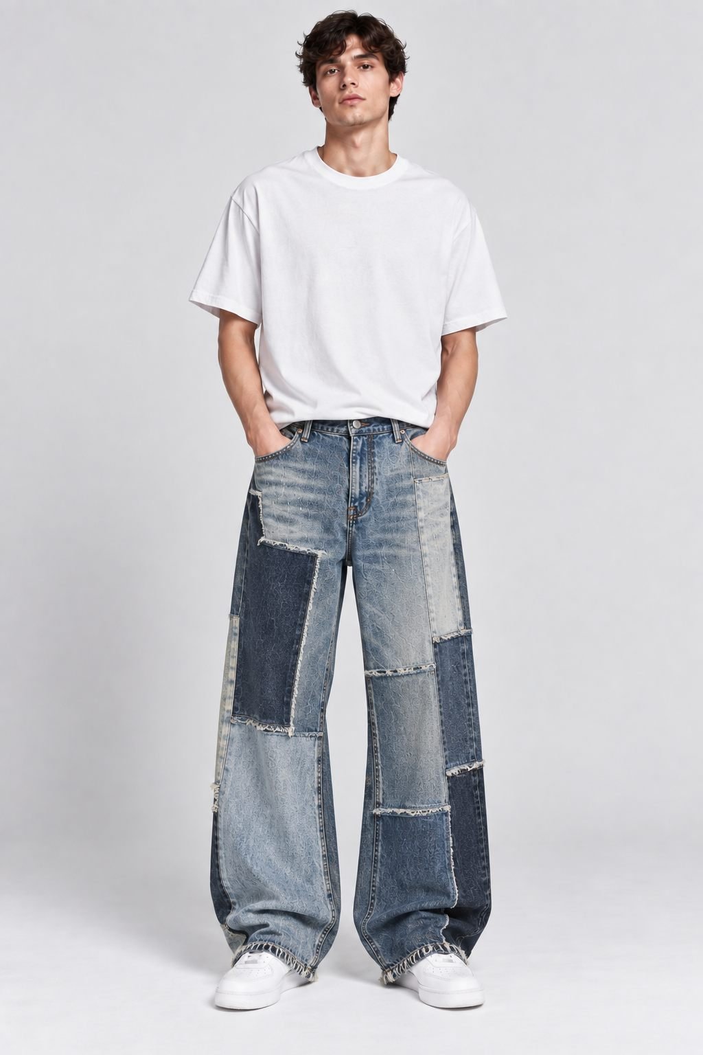 Patchwork Denim with Contrast Panels & Raw Hem — Custom — View 4