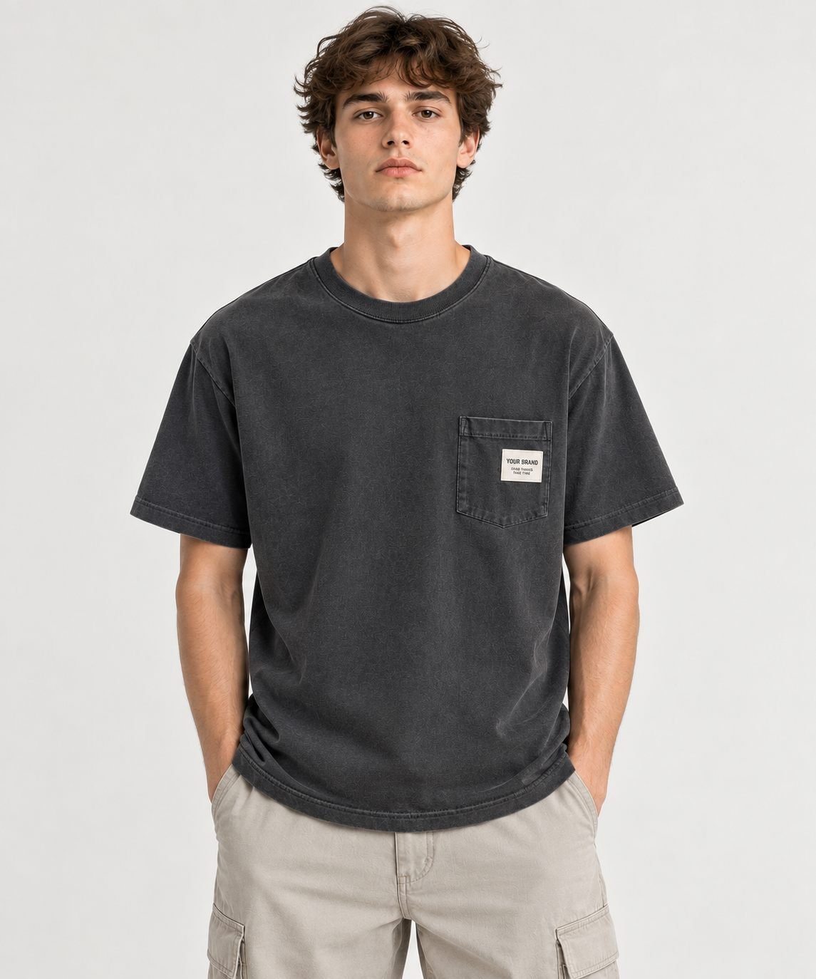 Pocket T-shirt with a custom woven label, private label ready