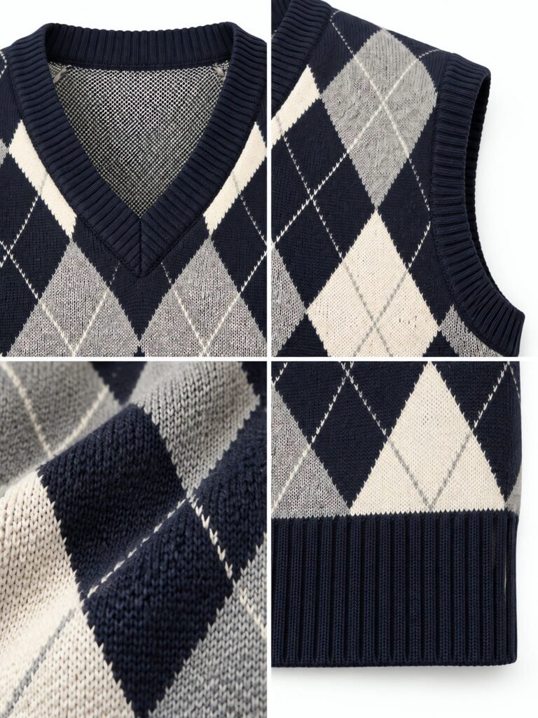 NOVITA Sweater Vest - Argyle Jacquard, Preppy Layering Piece - detail-grid