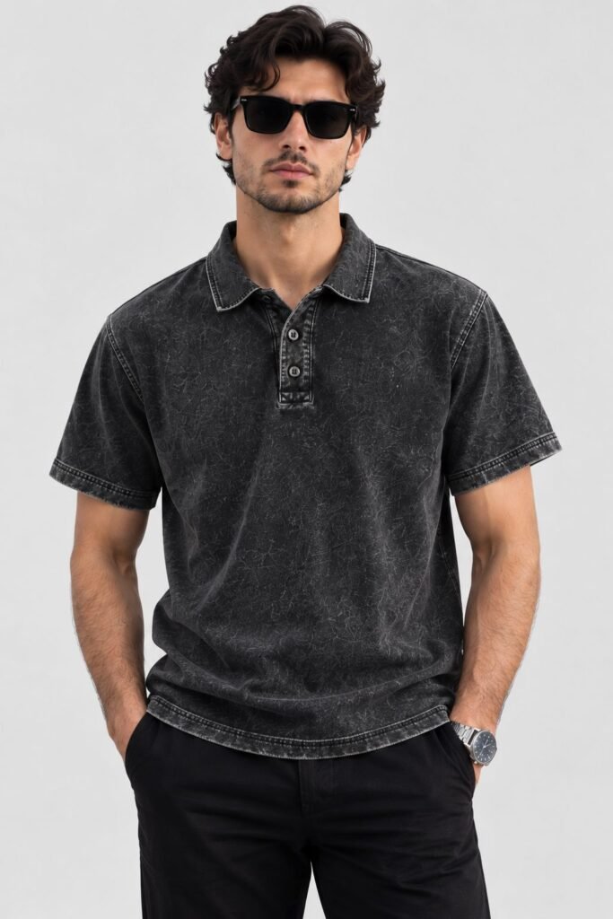 NOVITA Vintage Acid-Wash Polo - Garment-Dyed Streetwear Fit - view-0
