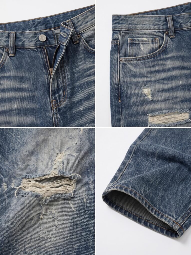 NOVITA Wide-Leg Baggy Jeans - Hand Scrap & Whisker Wash - full-flat