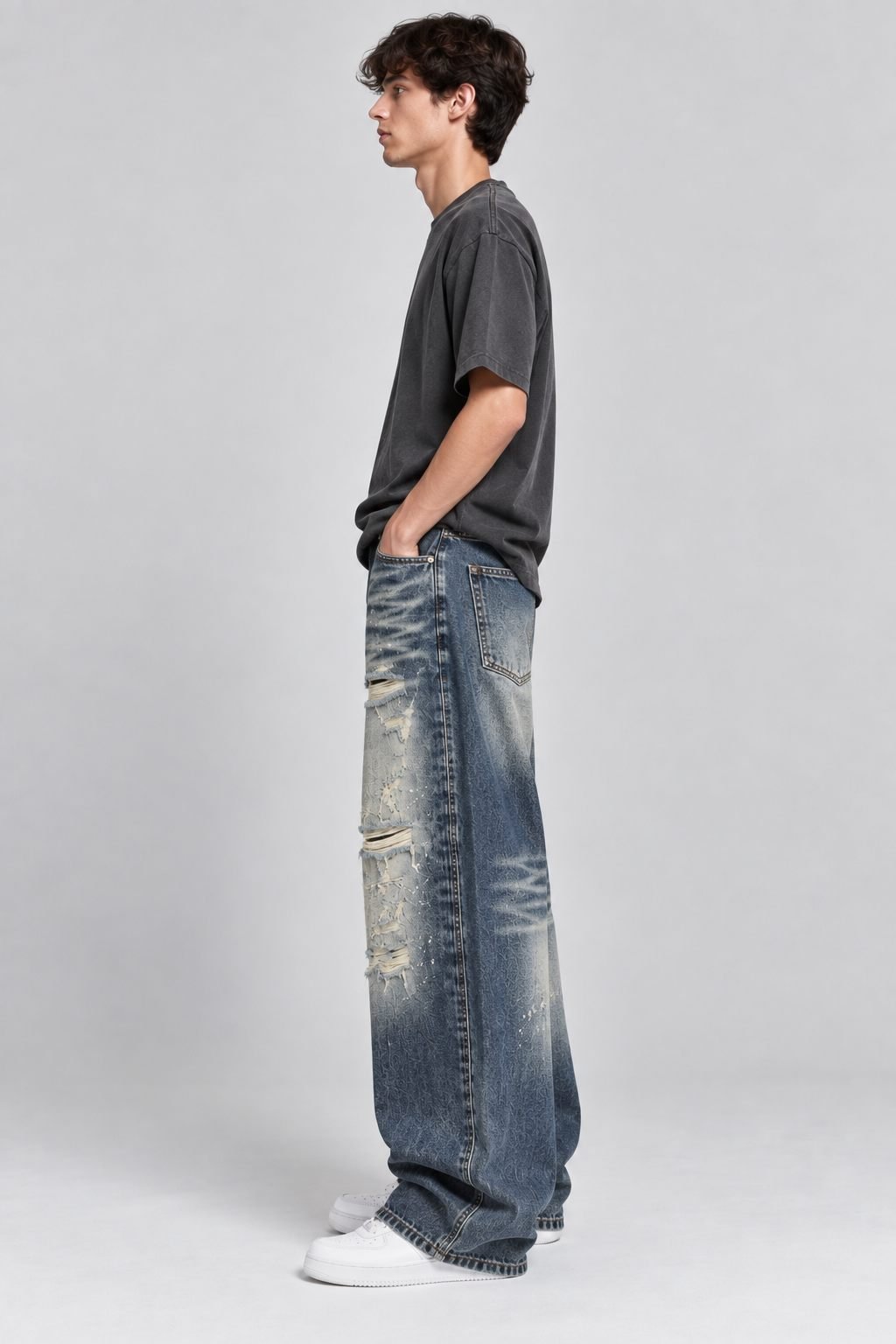 Custom Wide-Leg Baggy Jeans é¥?Vintage Wash, 13oz Rigid Denim é¥?On Body