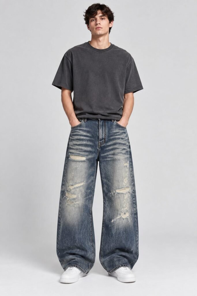NOVITA Wide-Leg Baggy Jeans - Hand Scrap & Whisker Wash - view-58