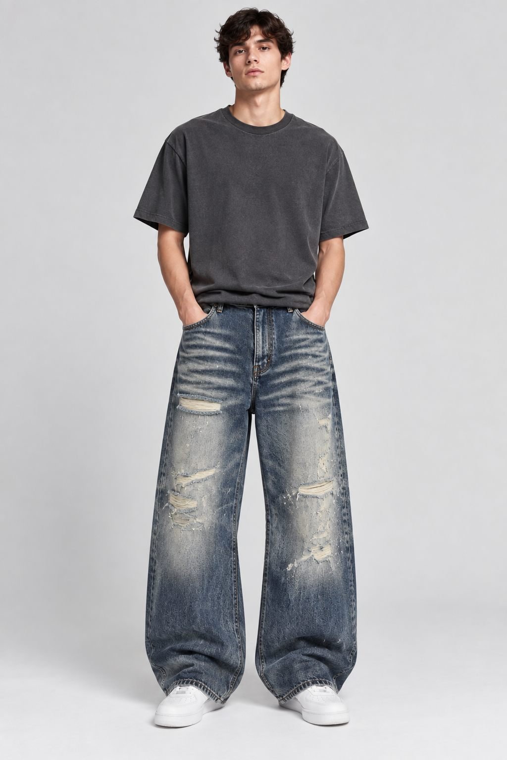 Whiskering detail on washed denim jeans