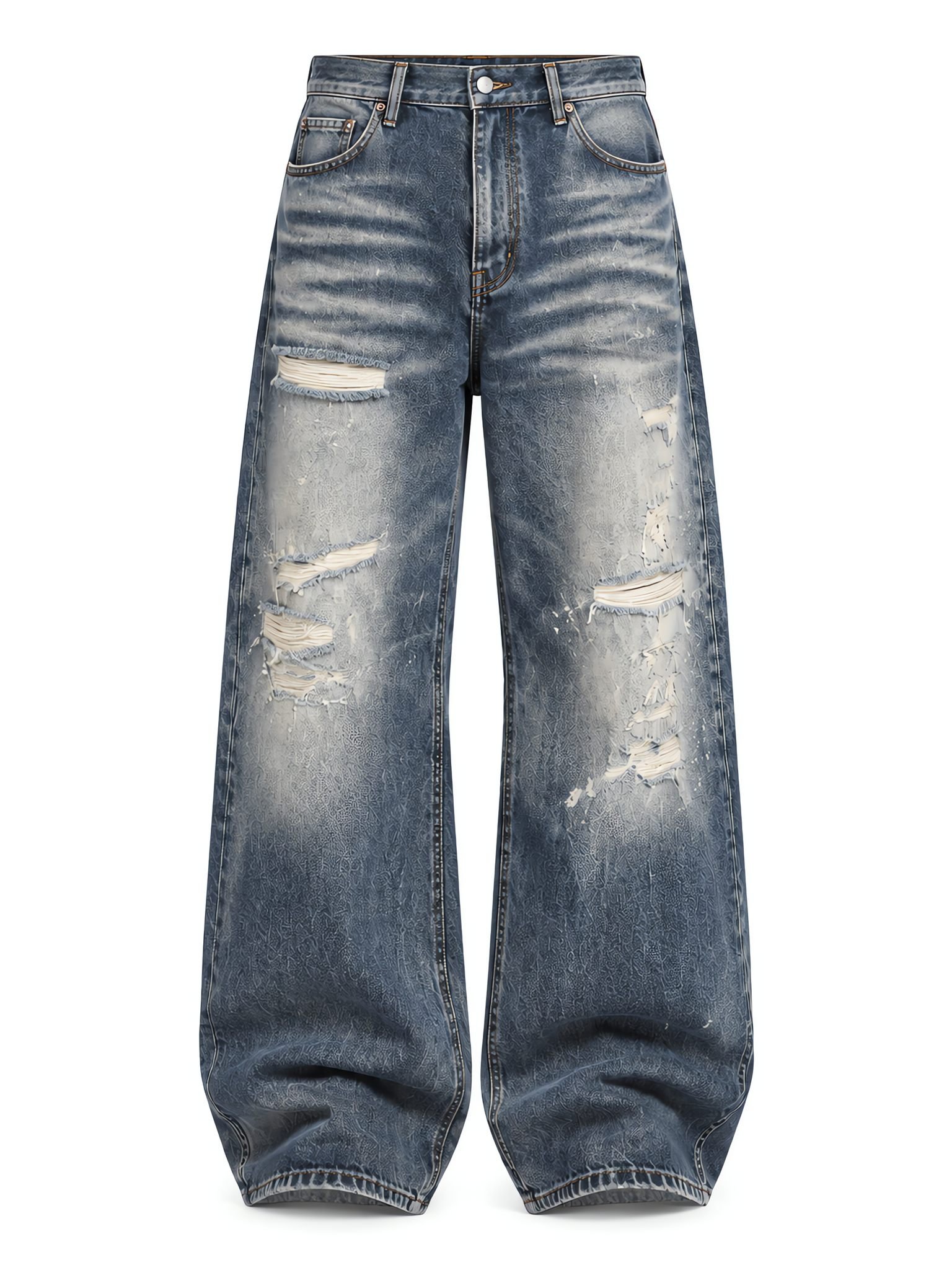 Hand-scrap and whisker wash on custom wide-leg baggy jeans