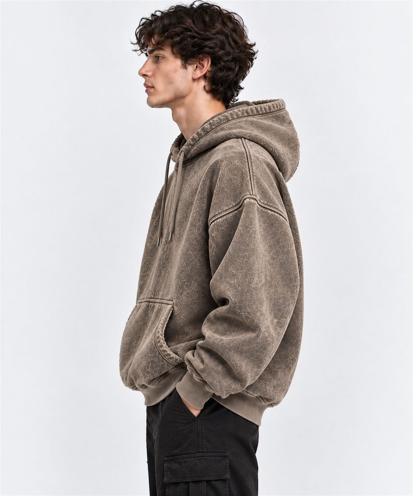 Lifestyle illustration of an acid-wash hoodie design in acid-wash brown