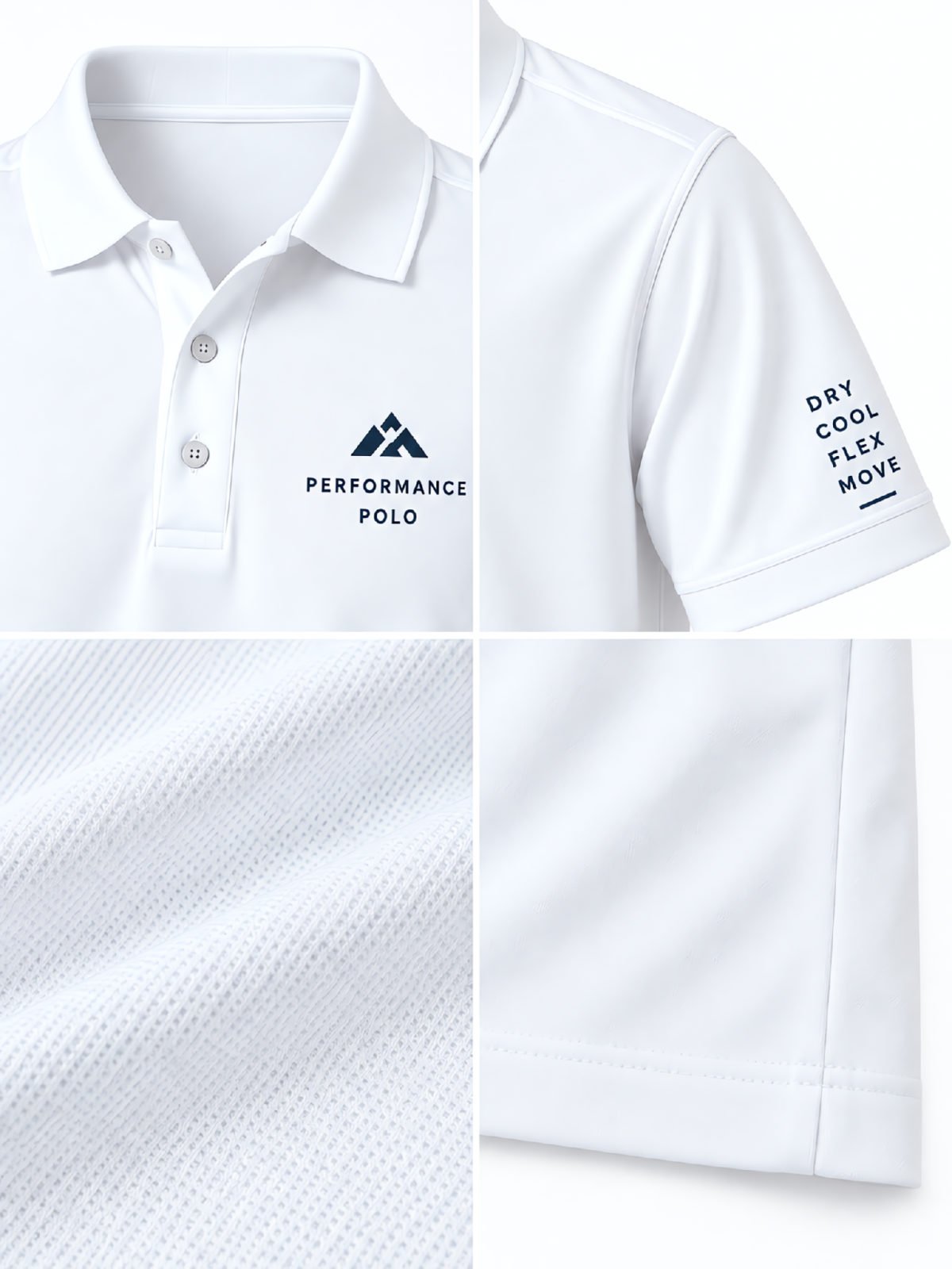 Activewear Polo Shirt in white — fabric and construction detail