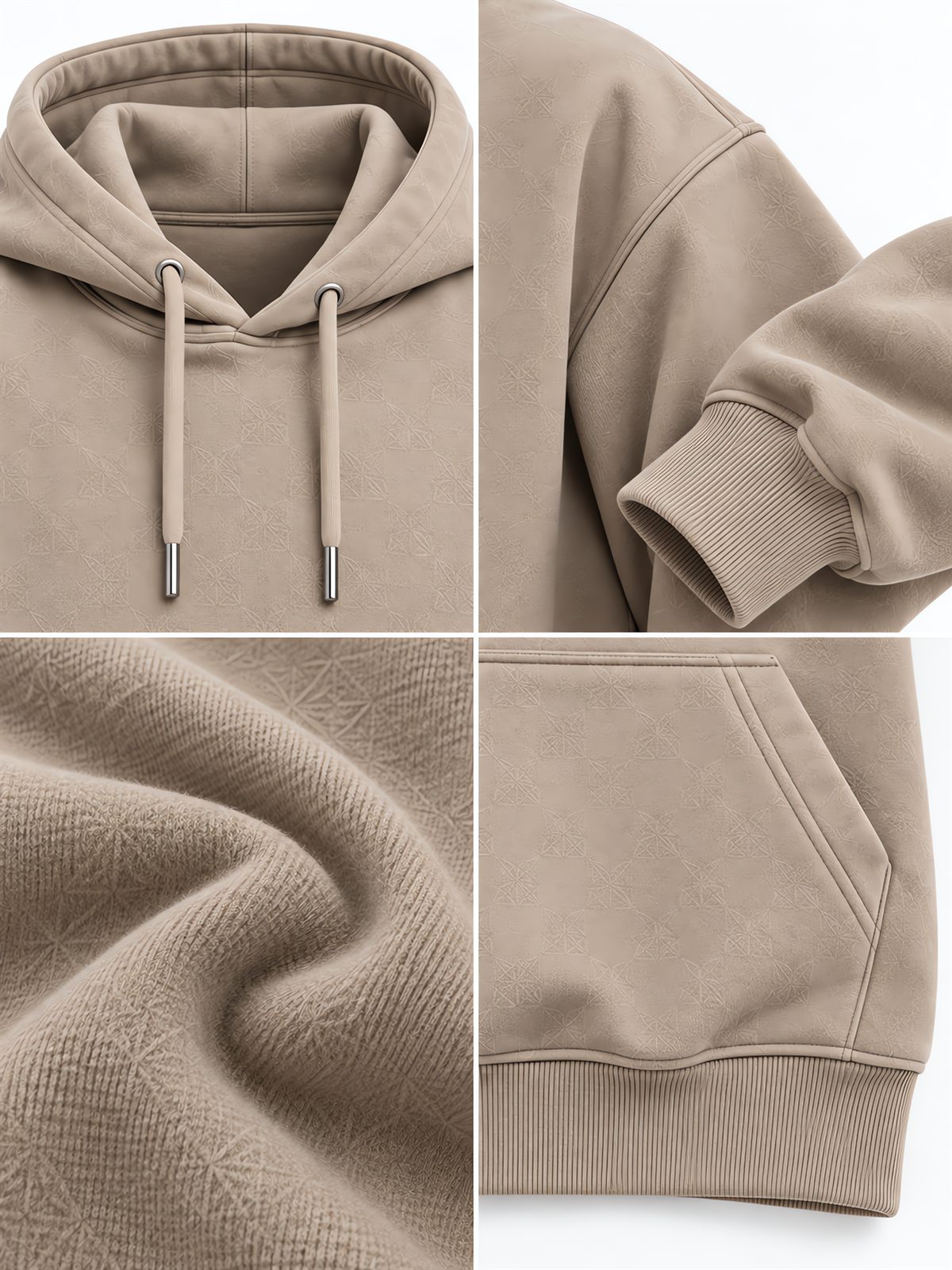 Detail montage of a sand-coloured hoodie showing the hood, drawcord tips, pouch and cuff