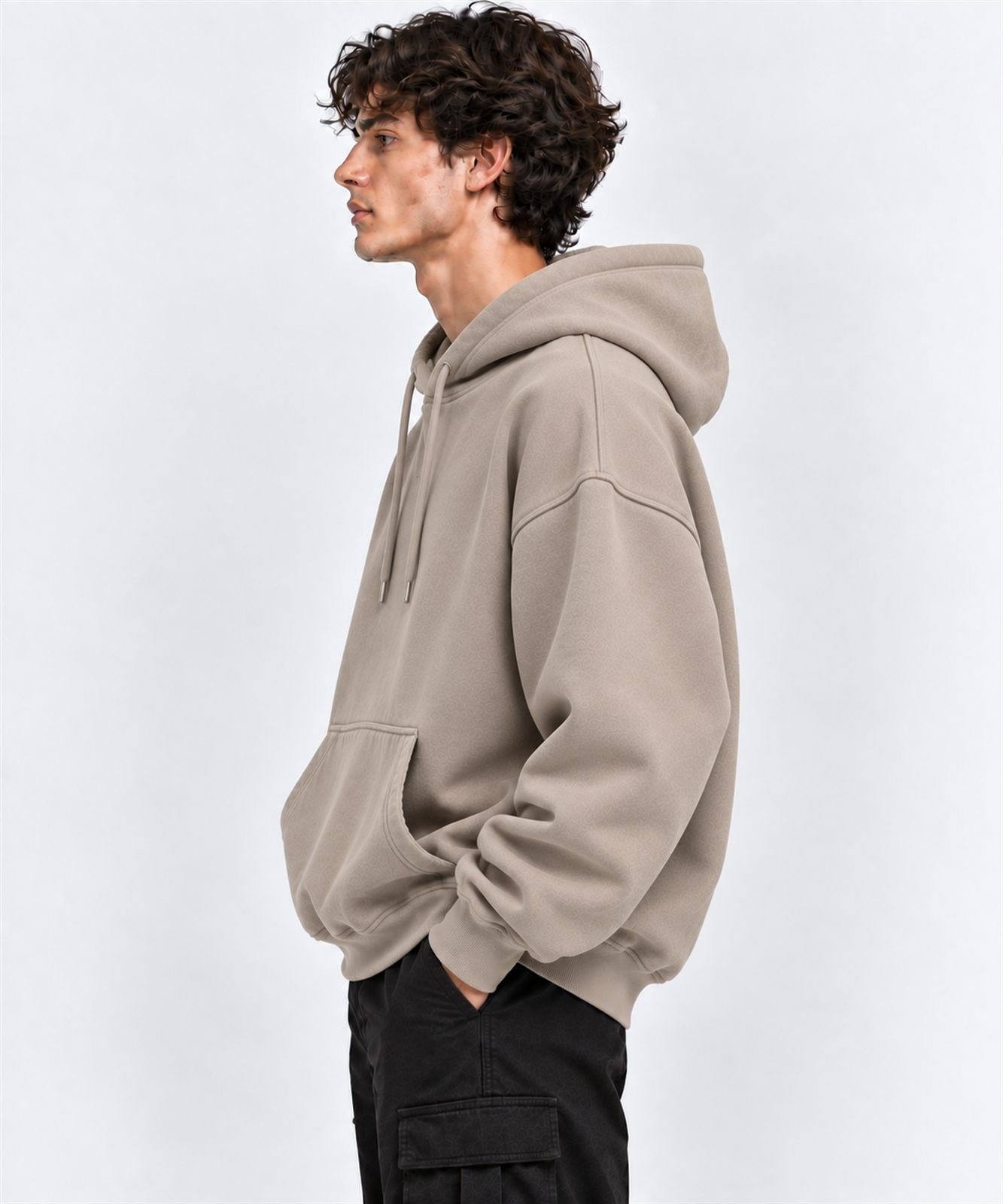 Lifestyle illustration of a blank pullover hoodie design in sand