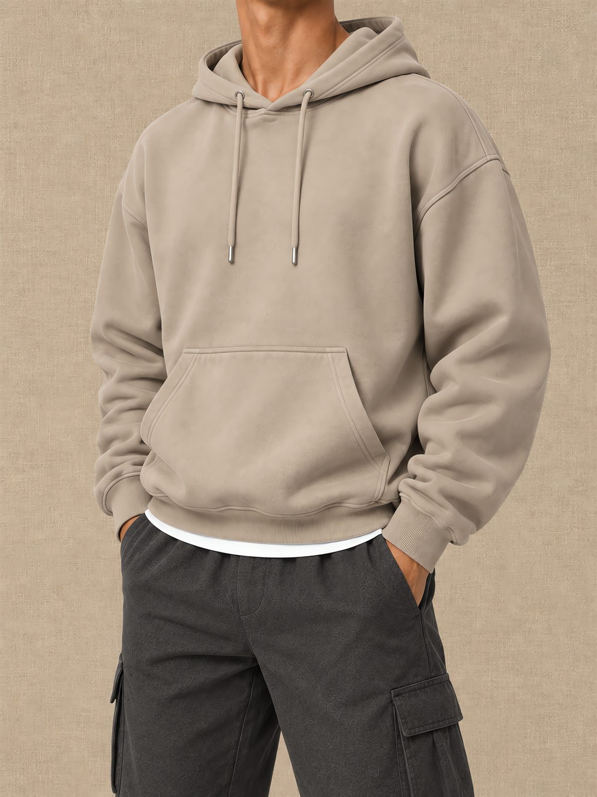 Blank Pullover Hoodie in sand — worn on model