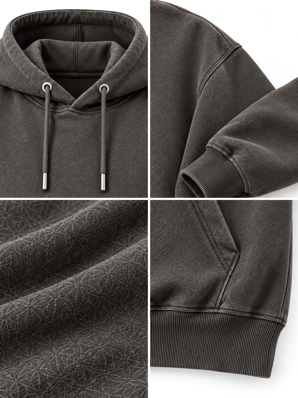 Detail montage of a charcoal hoodie showing the hood, sleeve, textured inside surface and ribbed hem