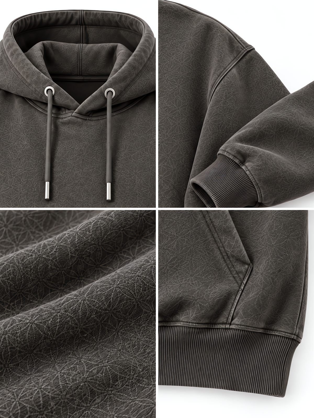 Brushed Fleece Hoodie in charcoal — fabric and construction detail