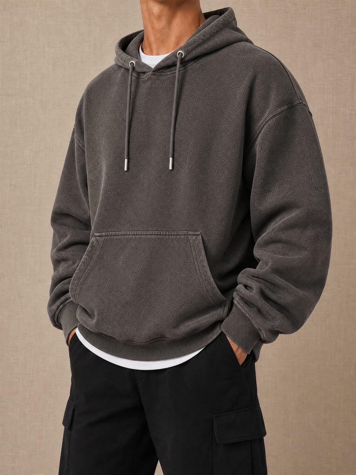 Brushed Fleece Hoodie in charcoal — worn on model