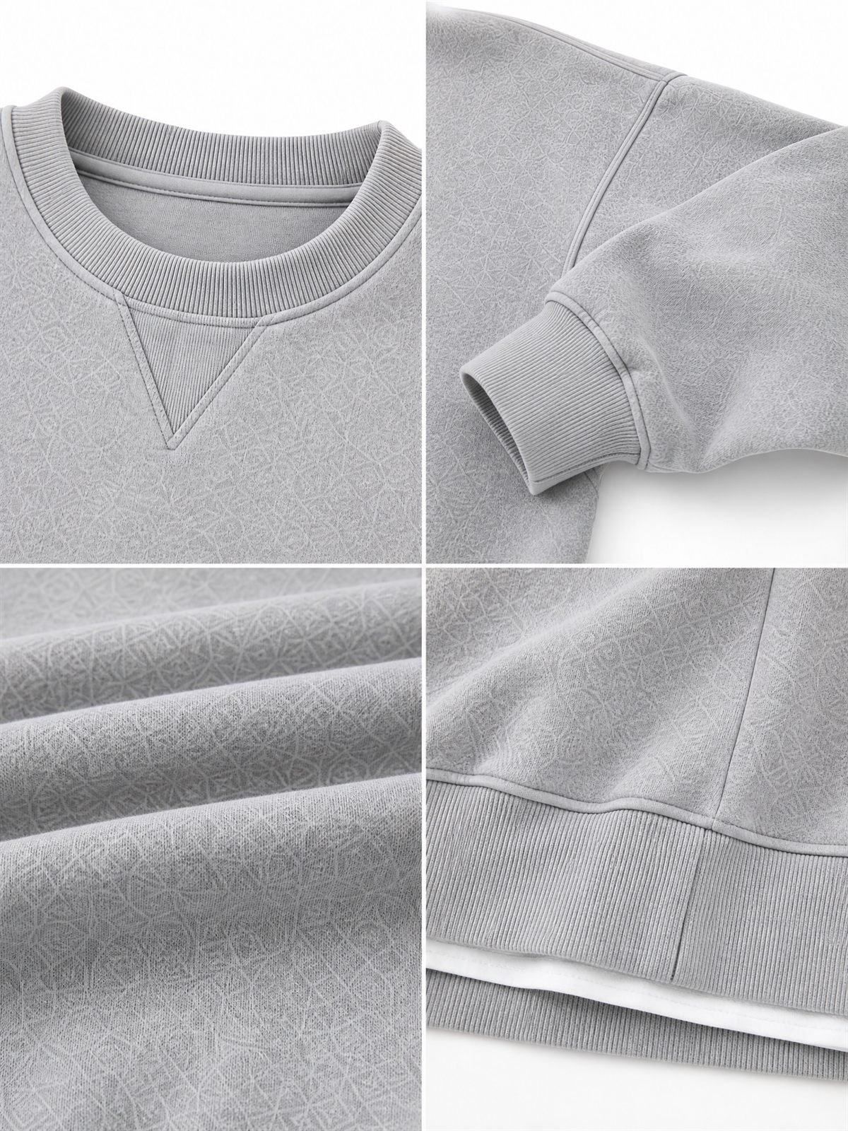 Custom Crewneck Sweatshirt in heather grey — fabric and construction detail