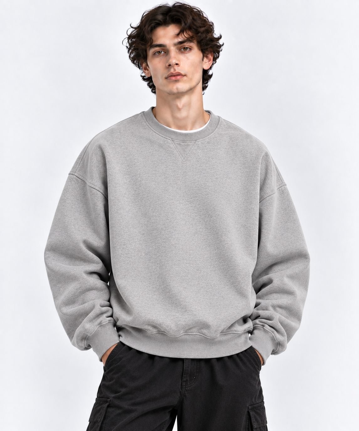 Lifestyle illustration of a crewneck sweatshirt design in heather grey