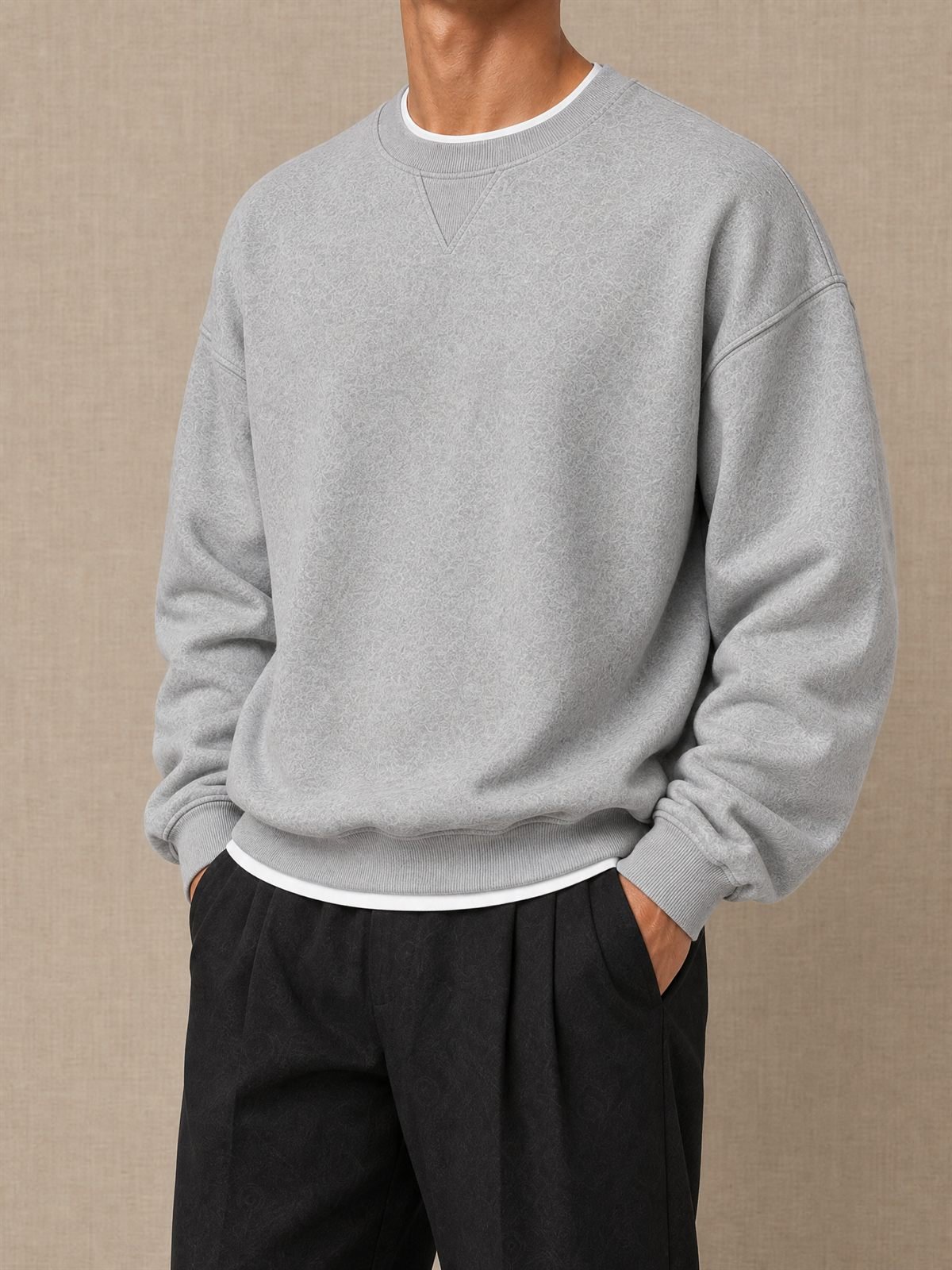 Custom Crewneck Sweatshirt in heather grey — worn on model