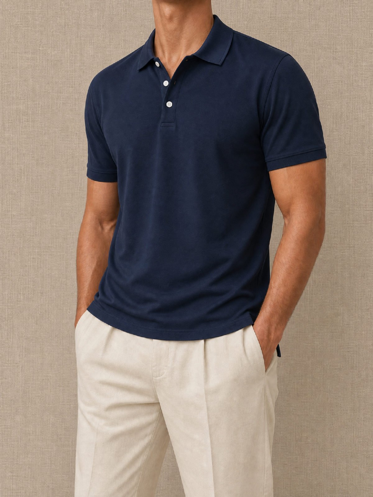 Custom Piqué Polo Shirt in navy — worn on model
