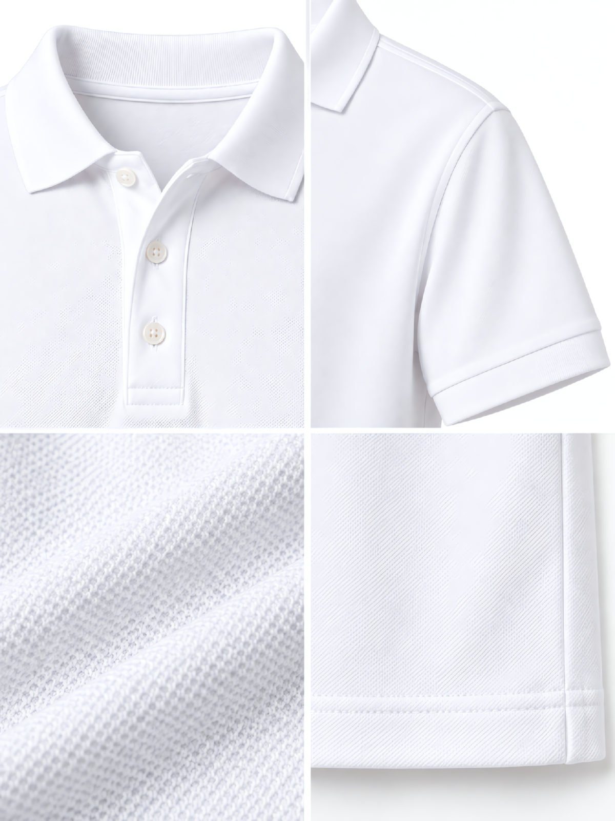 Custom Printed Polo Shirt in white — fabric and construction detail