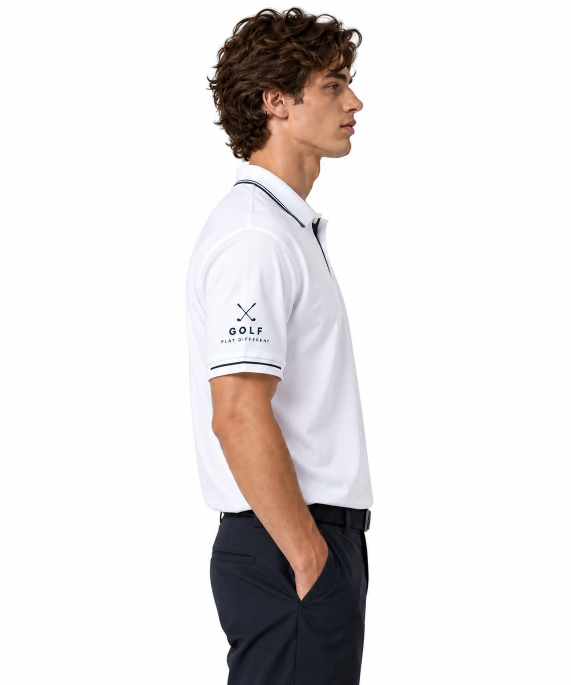 Lifestyle illustration of a custom printed polo shirt design in white