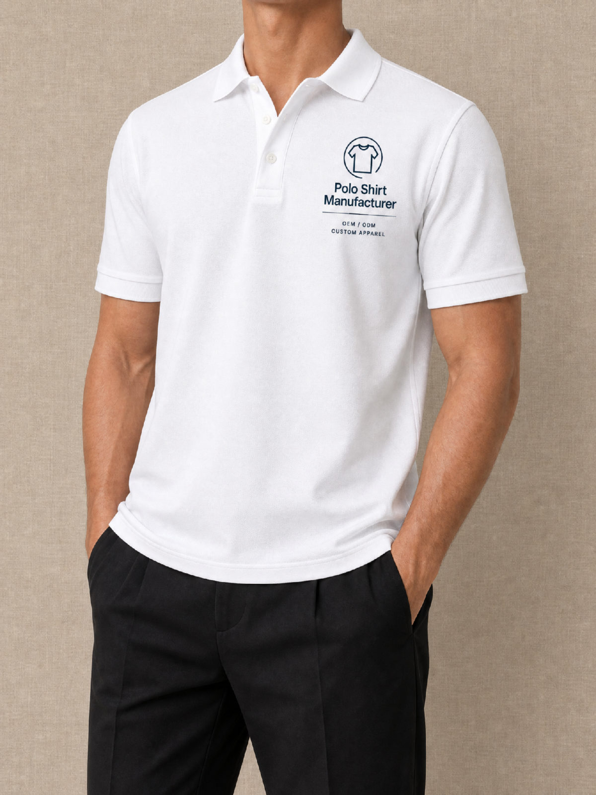 White Custom Printed Polo Shirt with Chest Print, worn by a male model, front view