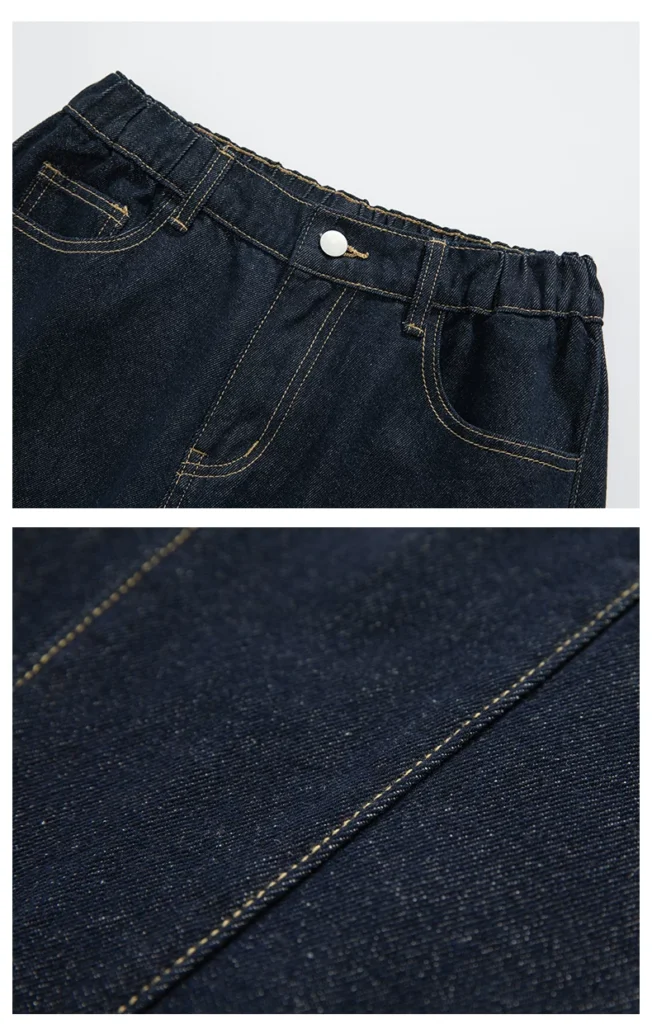 Denim jeans waistband, button, belt loops and pocket construction details