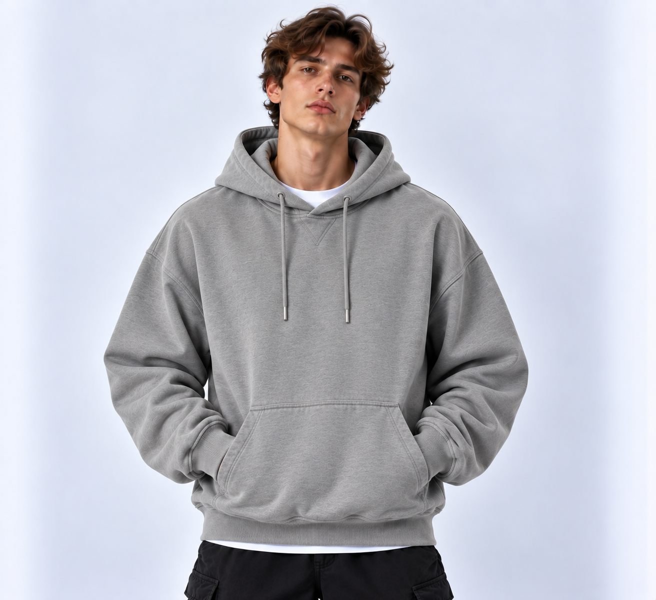 Lifestyle illustration of a French terry hoodie design in heather grey