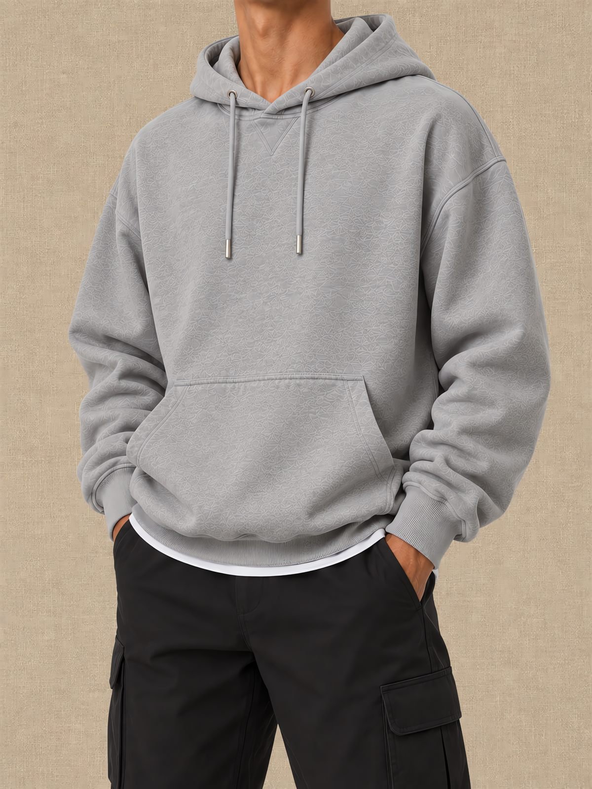 French Terry Hoodie in heather grey — worn on model